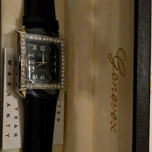 Genevex Black and Silver Watch with Crystal Accents